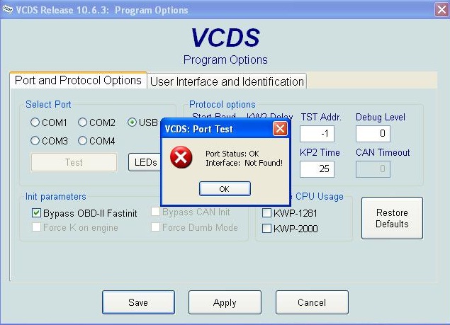 vcds port status ok interface not found